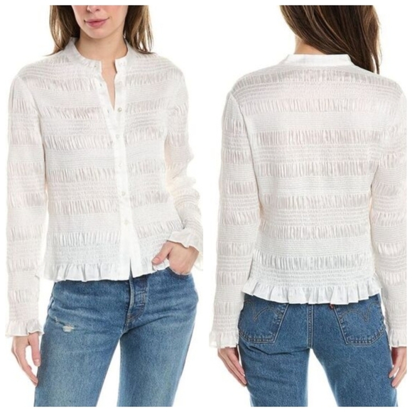 AllSaints White Smocked Textured Blouse UK14 US10 EU42 Ruffle Hem Long Sleeve